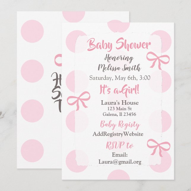 Invitation Baby shower de la fille Jumbo Pink Polk (Devant / Derrière)