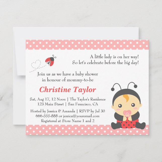 Invitation Baby shower de la fille Ladybug, Pois rose (Devant)