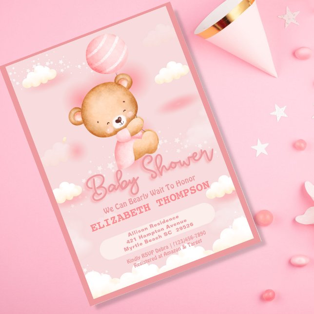 Invitation Baby shower de la fille ours en peluche (Créateur téléchargé)