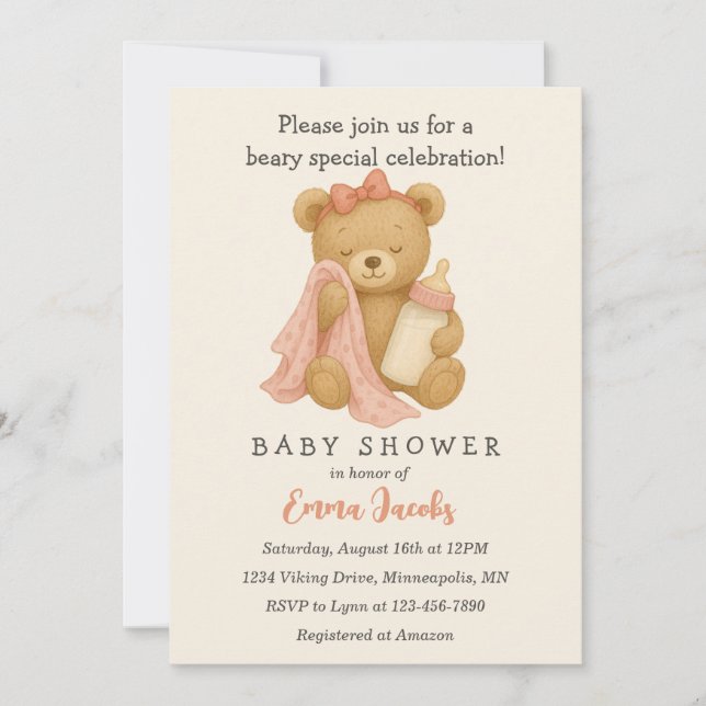 Invitation Baby shower de la fille ours en peluche (Devant)