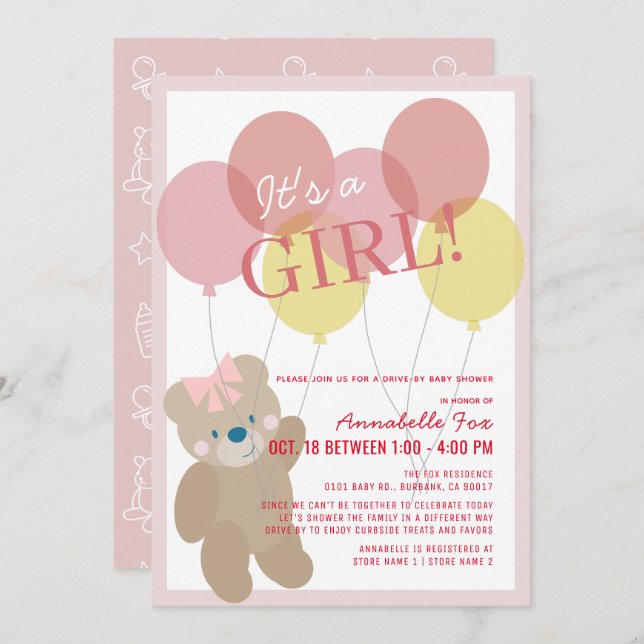 Invitation Baby shower de la fille rose de l'ours en peluche (Devant / Derrière)