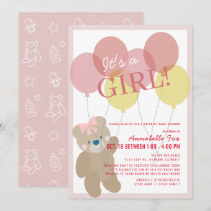 Invitation Baby shower de la fille rose de l'ours en peluche