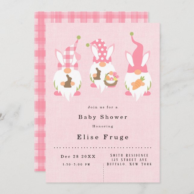 Invitation Baby shower de la fille rose de Pâques Gnomes (Devant / Derrière)