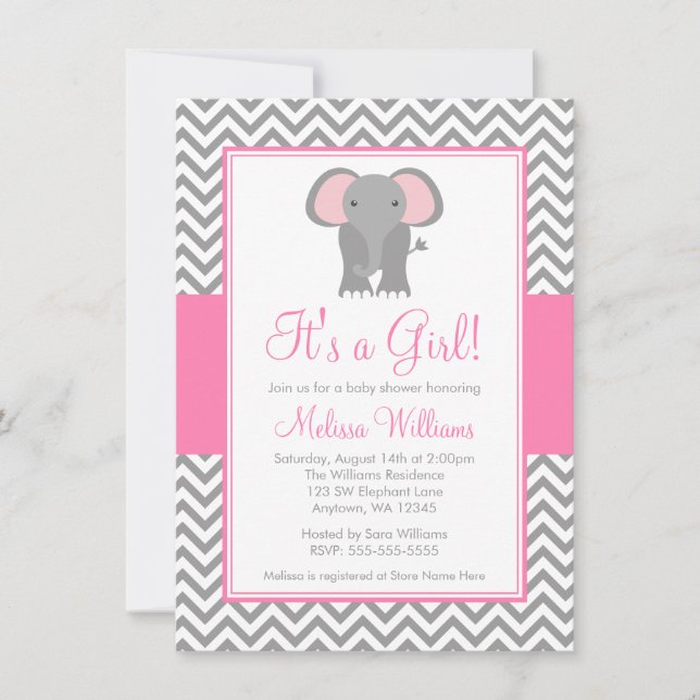 Invitation Baby shower de la fille rose gris de Chevron (Devant)