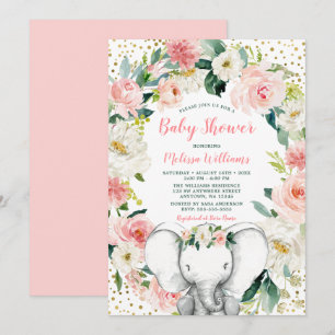 Invitation Baby shower de la fillette d'éléphant rose Floral