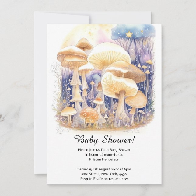 Invitation Baby shower de la forêt de champignons  (Devant)