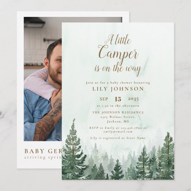 Invitation Baby shower de la forêt de Little Camper Photo Cod (Devant / Derrière)