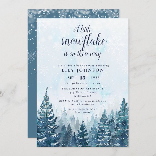 Invitation Baby shower de la forêt d'hiver de Little Snowflak (Devant / Derrière)