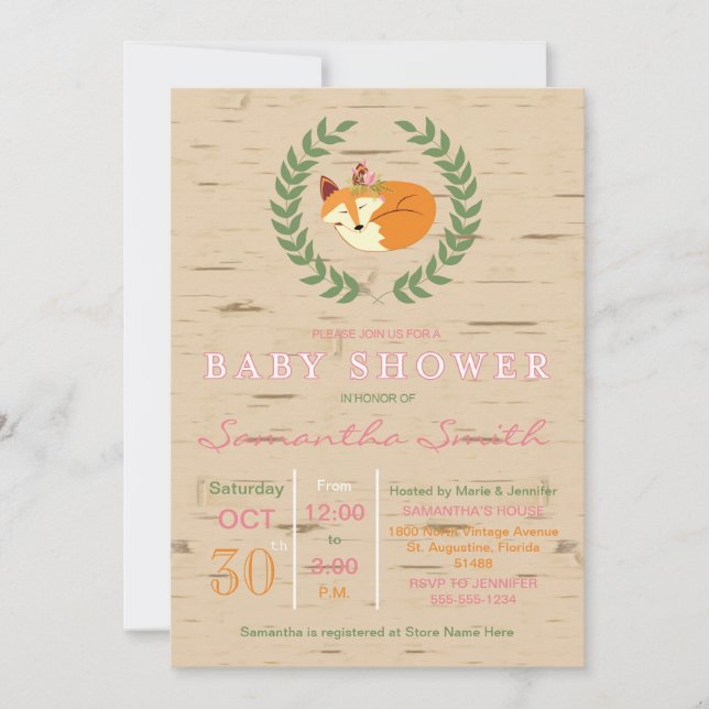 Invitation Baby shower de la Fox dormante de Woodl (Devant)