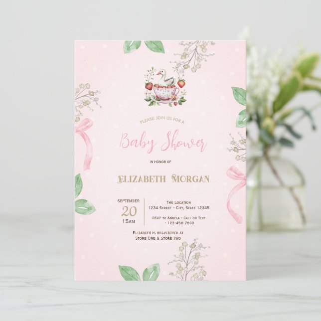 Invitation Baby shower de la fraise, de l'oie, des points du  (Debout devant)