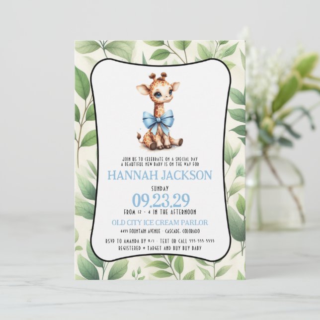 Invitation Baby shower de la Giraffe Bleue (Debout devant)