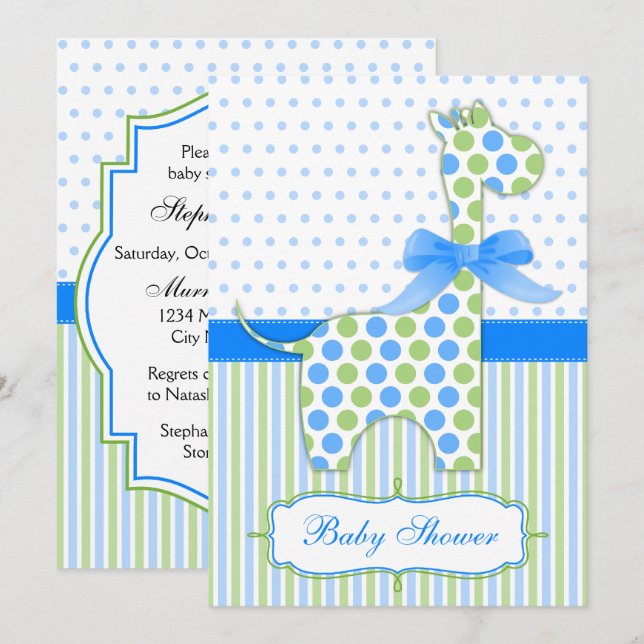 Invitation Baby shower de la Giraffe bleue et verte (Devant / Derrière)