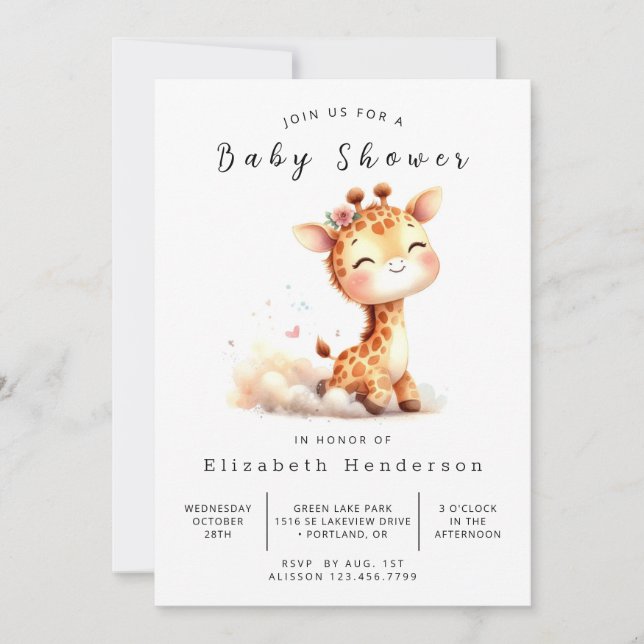 Invitation Baby shower de la Giraffe Imprimable Pastel (Devant)