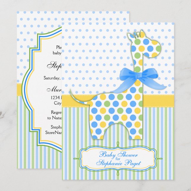 Invitation Baby shower de la Giraffe Jaune Bleue Vert (Devant / Derrière)