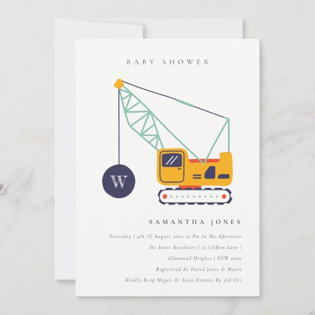 Invitation Baby shower de la grue de construction  (Devant)