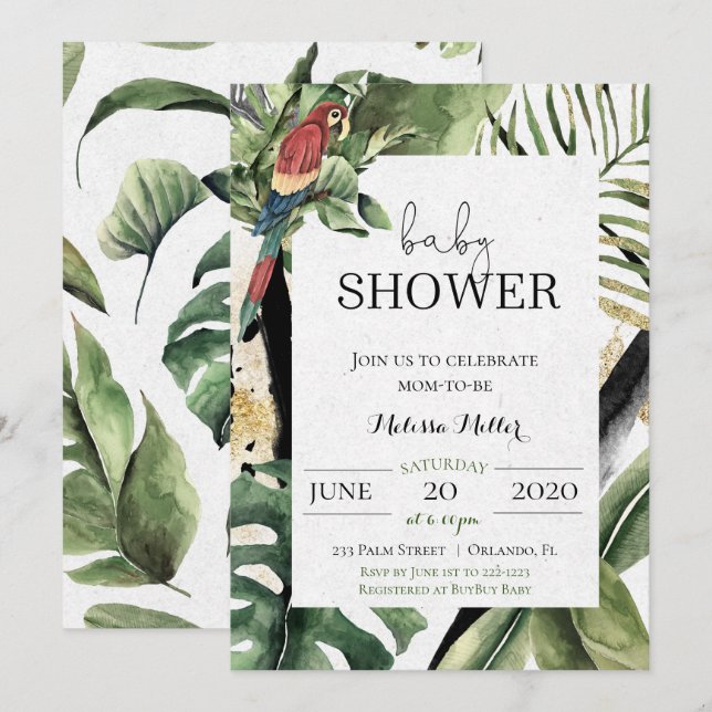 Invitation Baby shower de la Jungle de Perroquets  (Devant / Derrière)