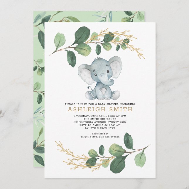 Invitation Baby shower de la jungle des éléphants (Devant / Derrière)