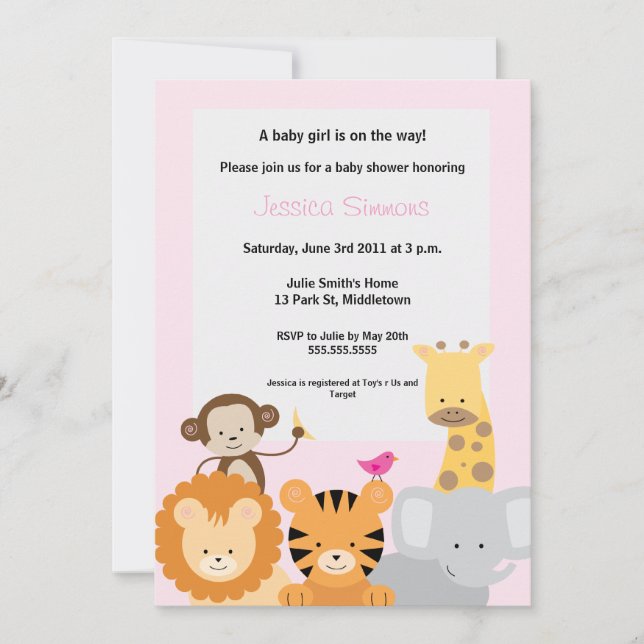 Invitation Baby shower de la jungle Safari - Fille (Devant)