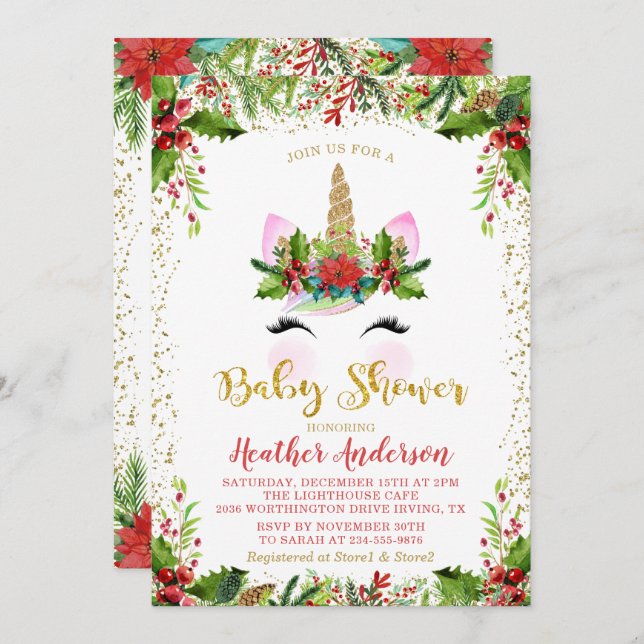 Invitation Baby shower de la licorne de Noël magique or (Devant / Derrière)