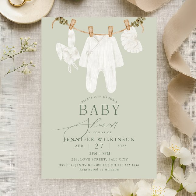 Invitation Baby shower de la ligne de vêtements Boho neutres  (Sage Neutral Boho Clothes Line Baby Shower Invitation)