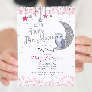 Invitation Baby shower de la lune de Chouette rose argent