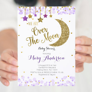 Invitation Baby shower de la lune d'or violet