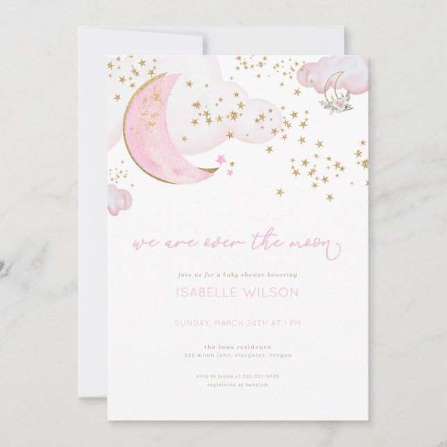 Invitation Baby shower de la lune pour une fille r (Devant)