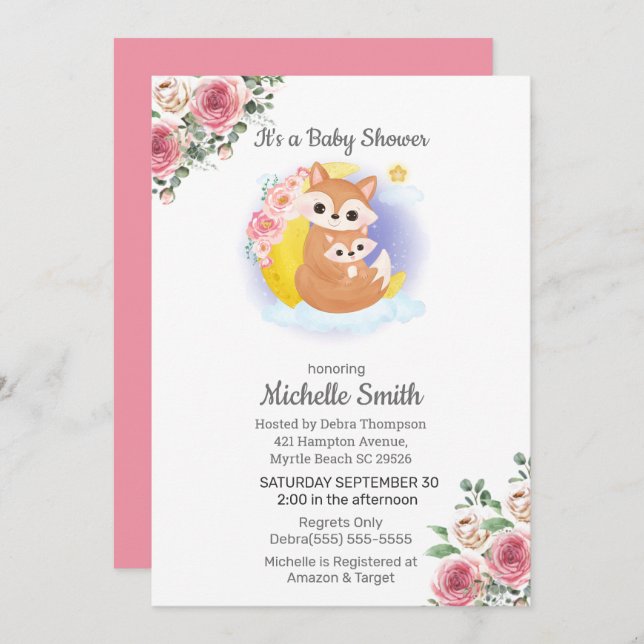 Invitation Baby shower de la maman Fox Floral rose (Devant / Derrière)