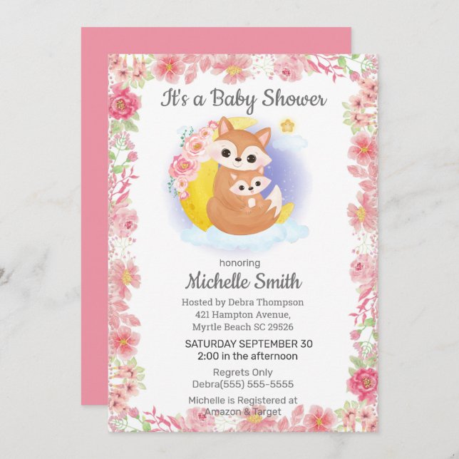 Invitation Baby shower de la maman Fox Floral rose (Devant / Derrière)