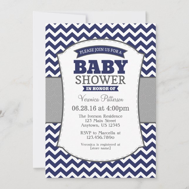 Invitation Baby shower de la Marine Blue Grey Chev (Devant)