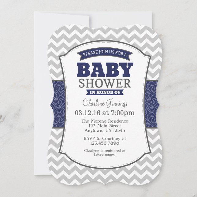 Invitation Baby shower de la Marine Blue Grey Chev (Devant)