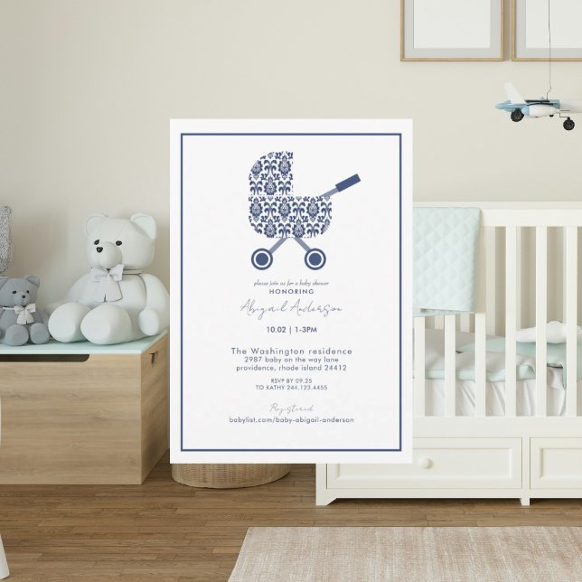 Invitation Baby shower de la Marine Damask Pram (Créateur téléchargé)