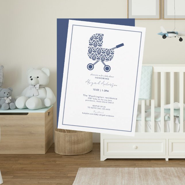 Invitation Baby shower de la Marine Damask Pram (Créateur téléchargé)