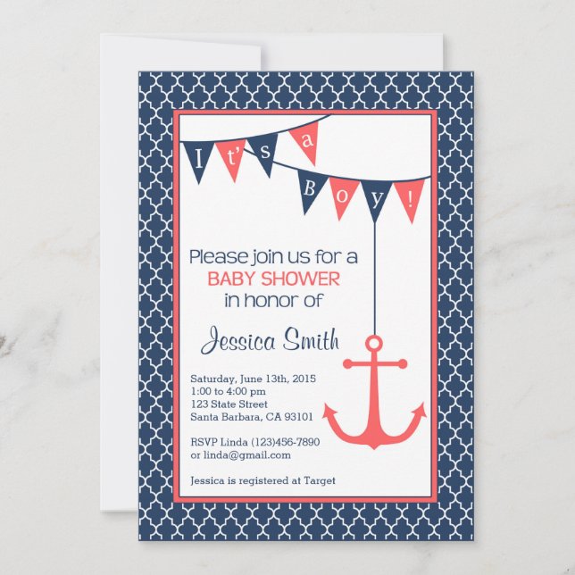 Invitation Baby shower de la marine et du corail (Devant)
