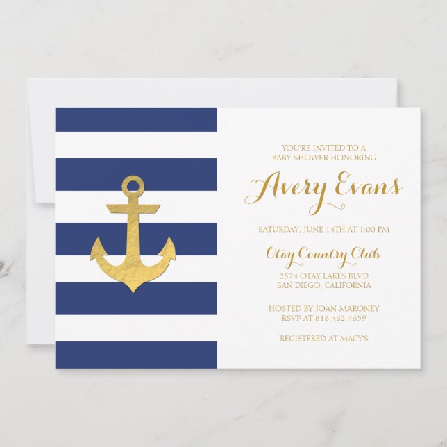Invitation Baby shower de la marine nautique avec Ancre d'or (Devant)