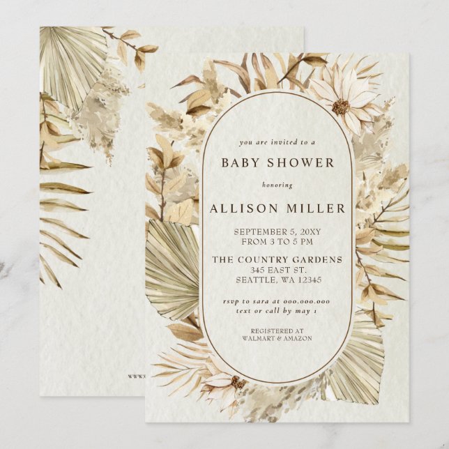 Invitation Baby shower de la Pampas Boho Rustique neutre par  (Devant / Derrière)