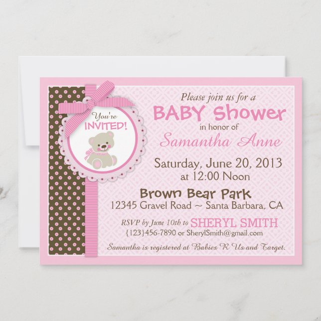 Invitation Baby shower de la petite fille de l'ours en peluch (Dos)