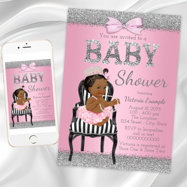 Invitation Baby shower de la princesse africaine a (Pink black princess baby shower invitation. Instant download and printed invitations available.)