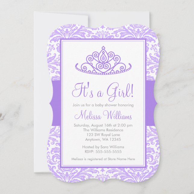 Invitation Baby shower de la princesse Crown Girl Purple Dama (Devant)