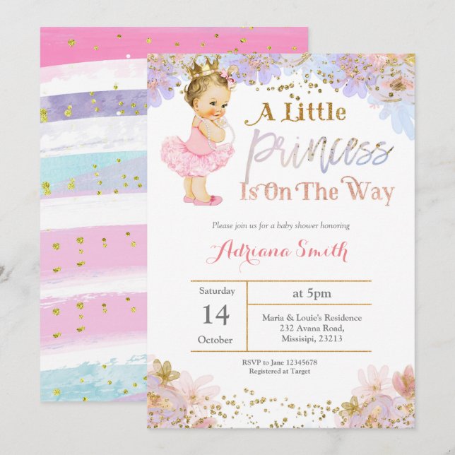 Invitation Baby shower de la princesse d'or rose (Devant / Derrière)