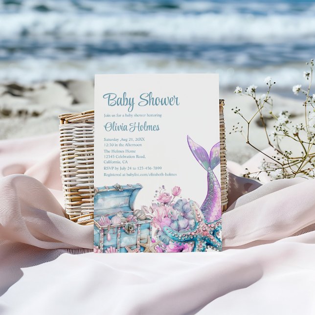 Invitation Baby shower de la queue de sirène de fleurs (Floral Mermaid Tail Starfish Baby Shower Invitation on a sunny beach.)