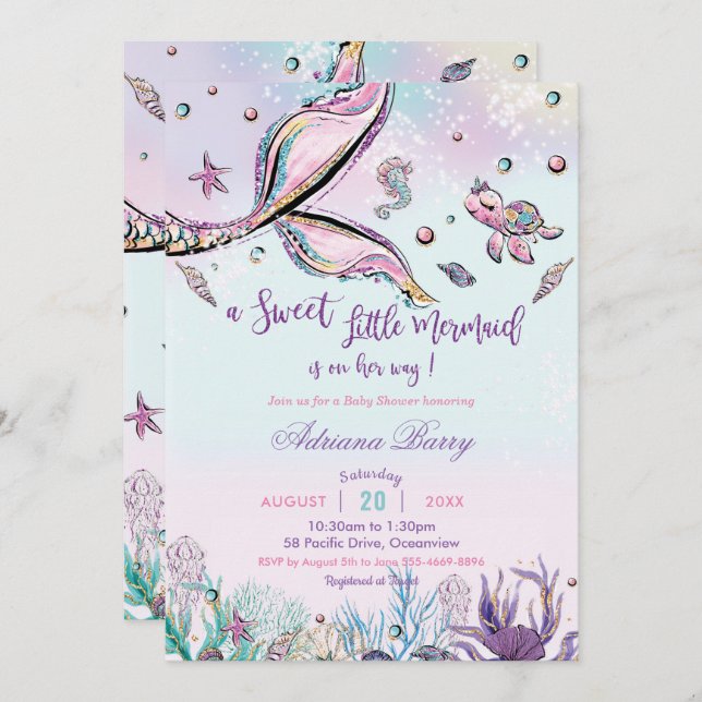 Invitation Baby shower de la queue de sirène sous la mer bébé (Devant / Derrière)