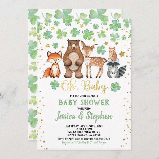 Invitation Baby shower de la Saint Patrick Animaux Shamrocks (Devant / Derrière)