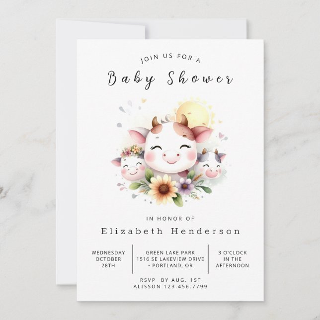 Invitation Baby shower de la vache blanche d'animal de Bohême (Devant)