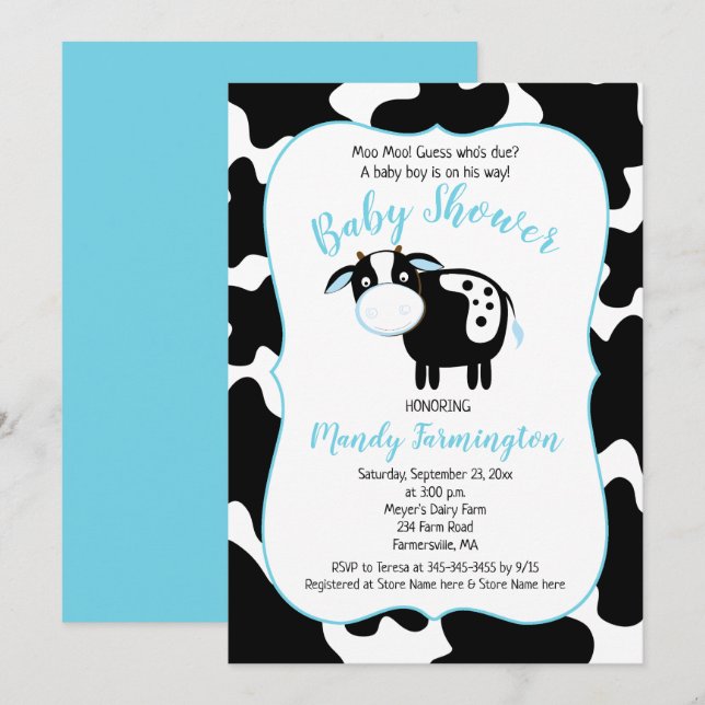 Invitation Baby shower de la vache laitière de ferme Invitati (Devant / Derrière)