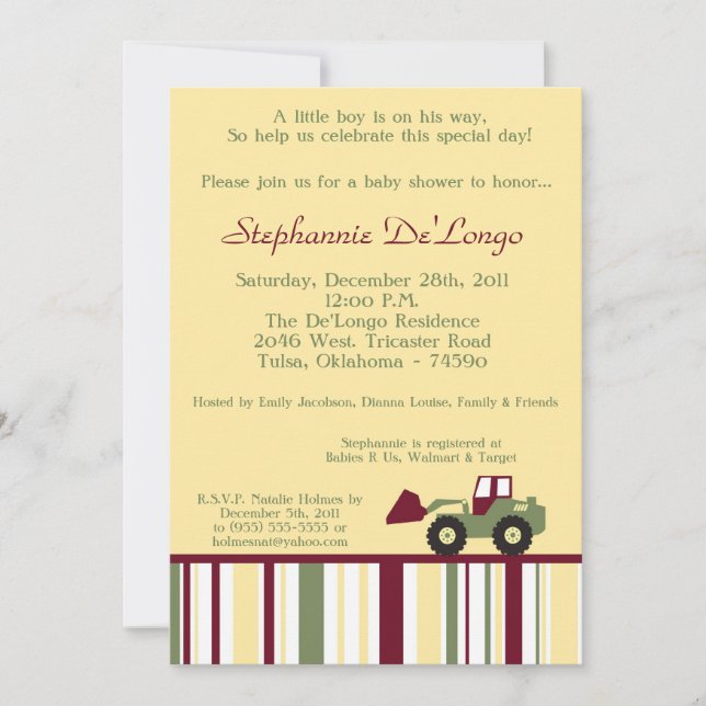 Invitation Baby shower de la zone de construction (Devant)