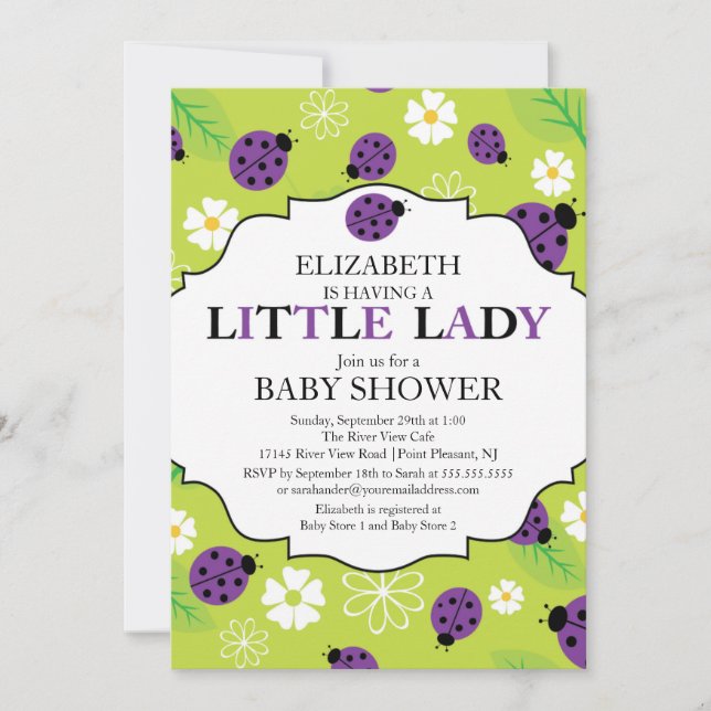 Invitation Baby shower de Ladybug de la petite dame violette  (Devant)