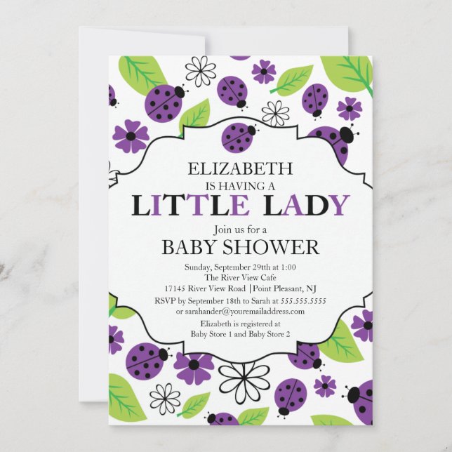 Invitation Baby shower de Ladybug violet de la petite dame mo (Devant)