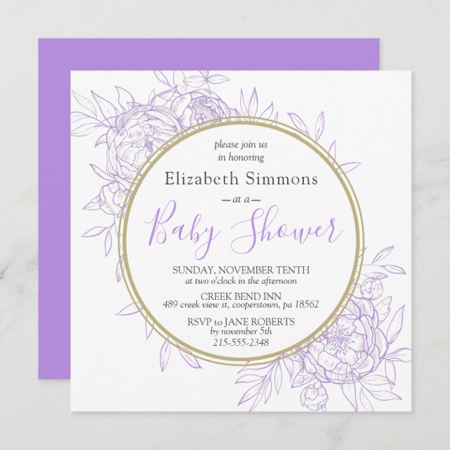 Invitation Baby shower de laiton violet de pivoine Floral Lav (Devant / Derrière)