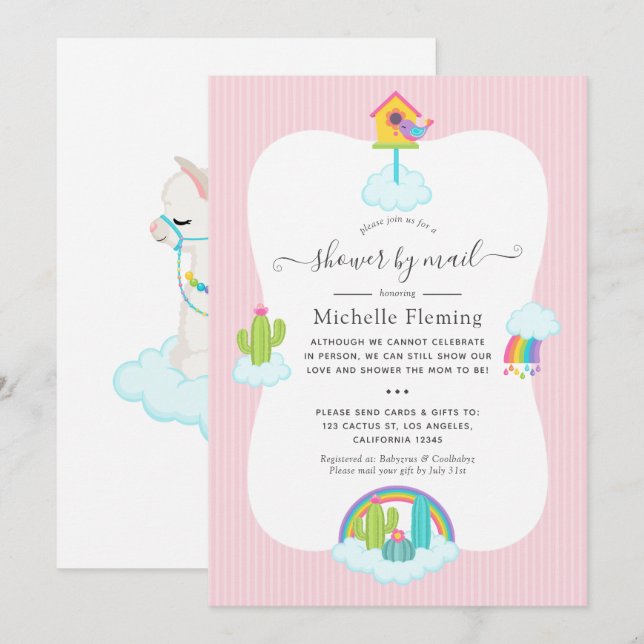 Invitation Baby-Shower de lama mignon par la poste (Devant / Derrière)